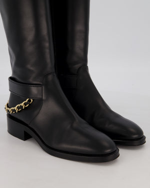 *HOT* Chanel Black Knee-High Riding Boots with CC Chain Logo Detail Size EU 38 C