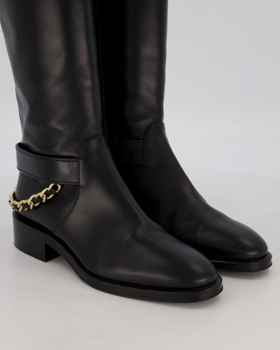 *HOT* Chanel Black Knee-High Riding Boots with CC Chain Logo Detail Size EU 38 C