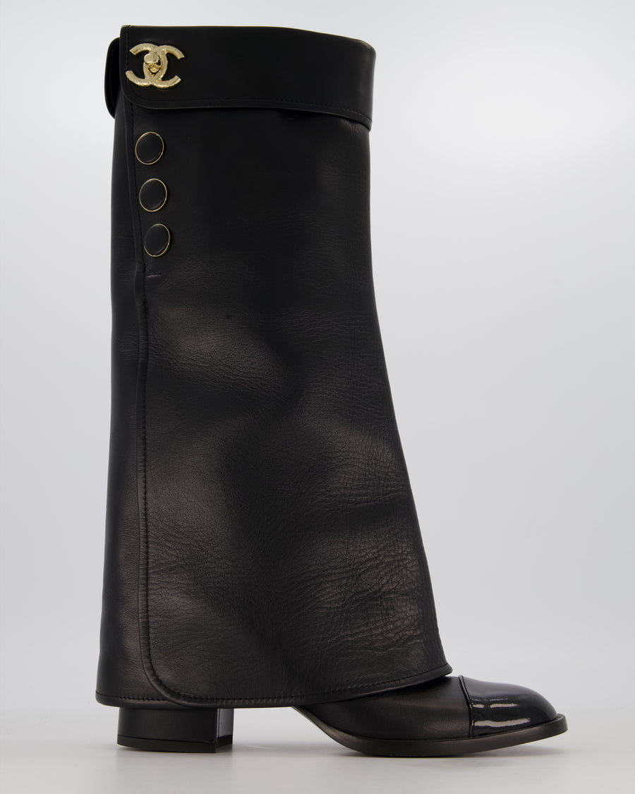 *HOT* Chanel Black Knee-High CC Boots with Patent Toe Detail Size EU 38