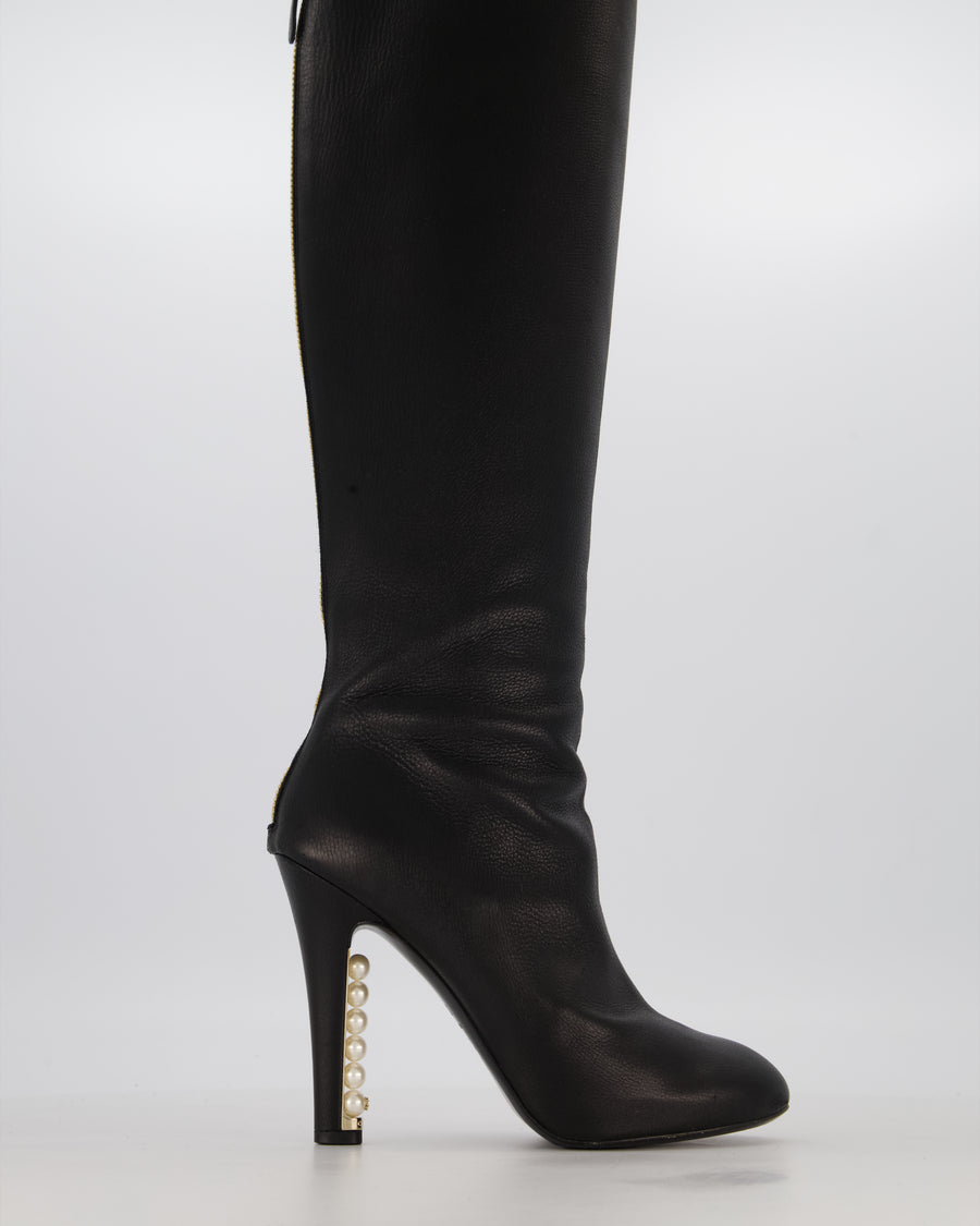 Chanel Black Knee-High Leather Boots with CC Pearl Detail Size EU 37 C