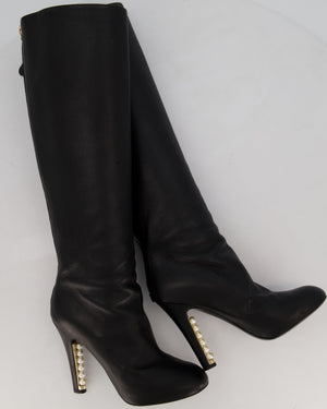 Chanel Black Knee-High Leather Boots with CC Pearl Detail Size EU 37 C