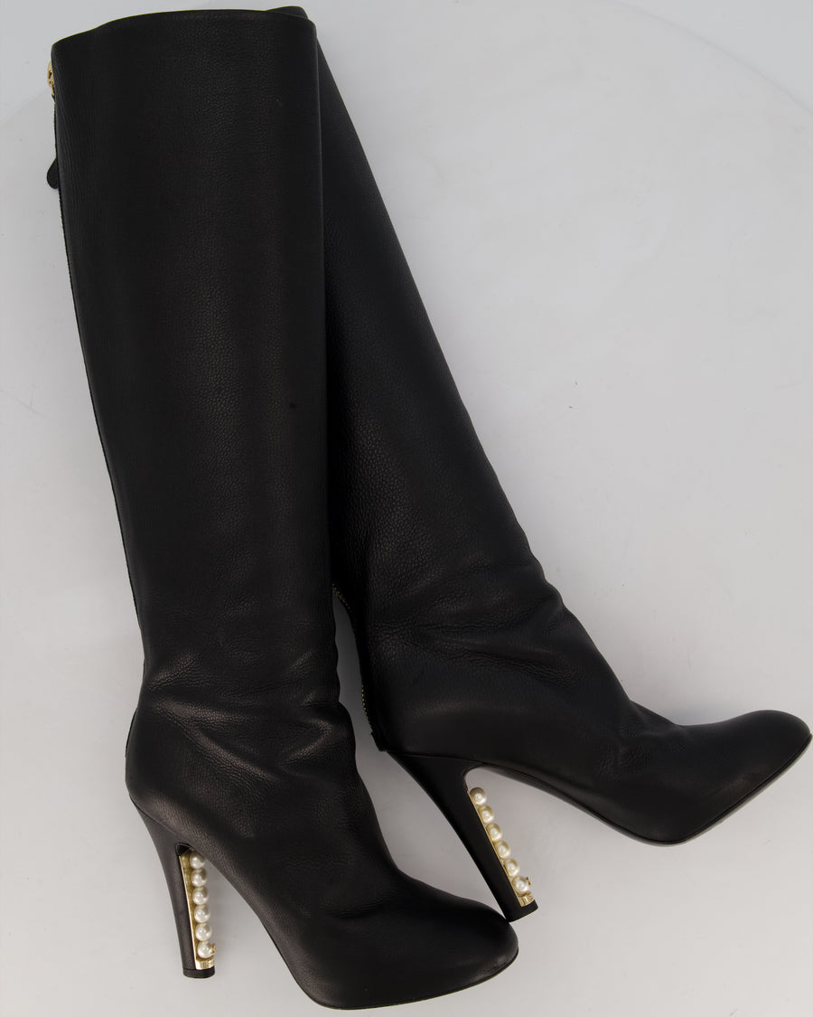 Chanel Black Knee-High Leather Boots with CC Pearl Detail Size EU 37 C
