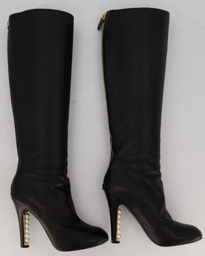 Chanel Black Knee-High Leather Boots with CC Pearl Detail Size EU 37 C