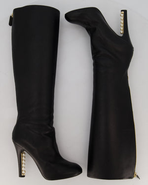 Chanel Black Knee-High Leather Boots with CC Pearl Detail Size EU 37 C