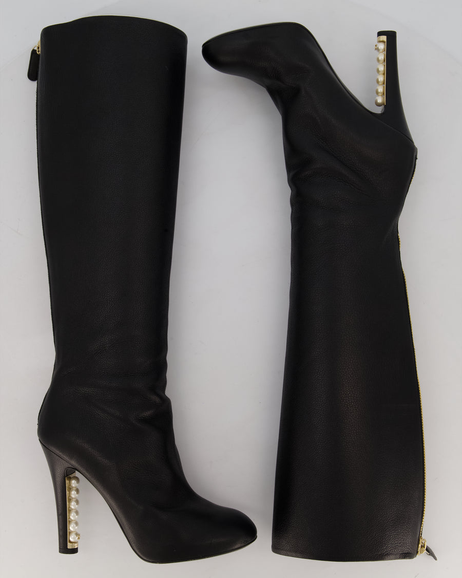 Chanel Black Knee-High Leather Boots with CC Pearl Detail Size EU 37 C