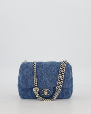 *HOT* Chanel 23P Mini Rectangular Flap Bag in Blue Quilted Denim with Camelia Print and Brushed Silver Hardware