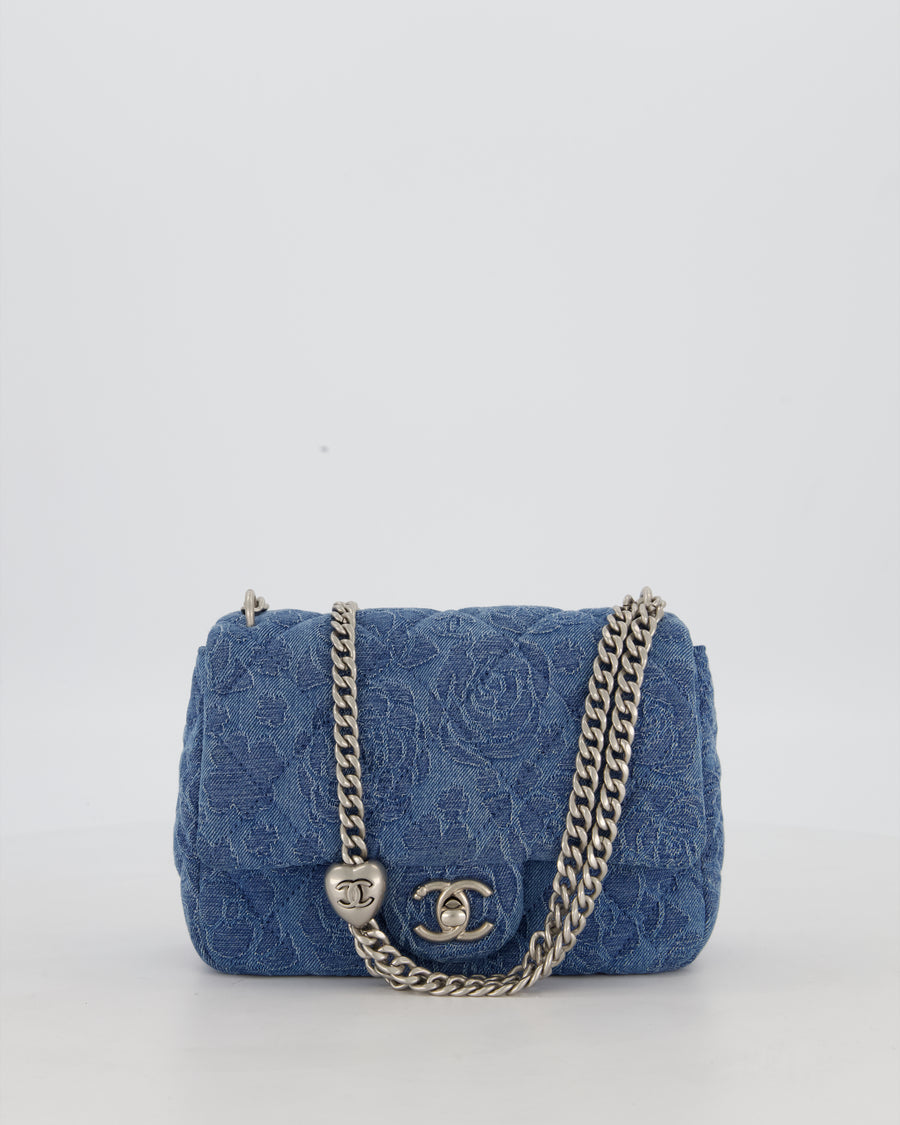 *HOT* Chanel 23P Mini Rectangular Flap Bag in Blue Quilted Denim with Camelia Print and Brushed Silver Hardware
