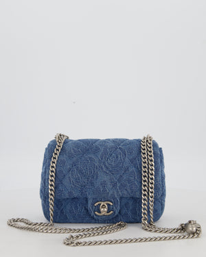 *HOT* Chanel 23P Mini Rectangular Flap Bag in Blue Quilted Denim with Camelia Print and Brushed Silver Hardware