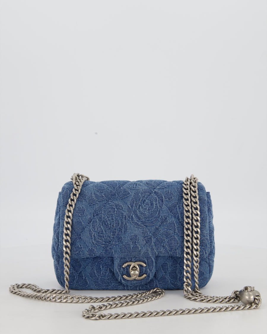 *HOT* Chanel 23P Mini Rectangular Flap Bag in Blue Quilted Denim with Camelia Print and Brushed Silver Hardware