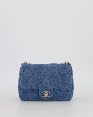 *HOT* Chanel 23P Mini Rectangular Flap Bag in Blue Quilted Denim with Camelia Print and Brushed Silver Hardware
