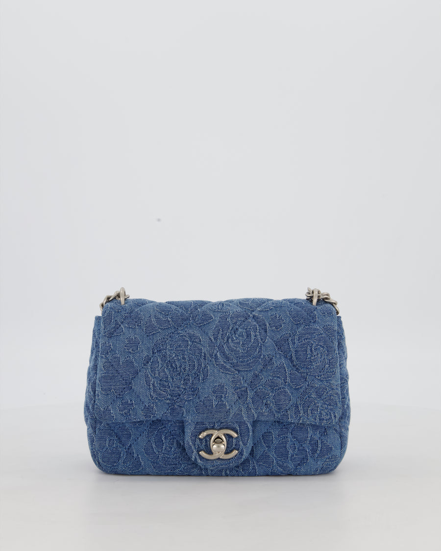 *HOT* Chanel 23P Mini Rectangular Flap Bag in Blue Quilted Denim with Camelia Print and Brushed Silver Hardware
