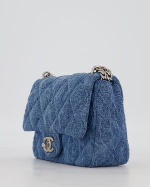 *HOT* Chanel 23P Mini Rectangular Flap Bag in Blue Quilted Denim with Camelia Print and Brushed Silver Hardware