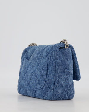 *HOT* Chanel 23P Mini Rectangular Flap Bag in Blue Quilted Denim with Camelia Print and Brushed Silver Hardware