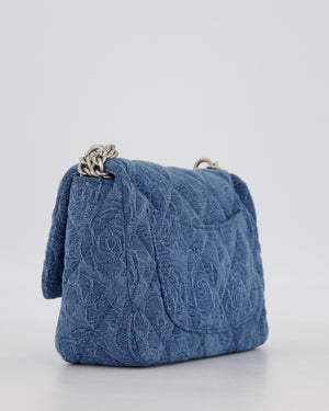 *HOT* Chanel 23P Mini Rectangular Flap Bag in Blue Quilted Denim with Camelia Print and Brushed Silver Hardware