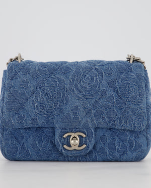 *HOT* Chanel 23P Mini Rectangular Flap Bag in Blue Quilted Denim with Camelia Print and Brushed Silver Hardware