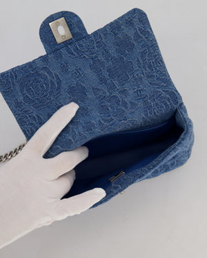 *HOT* Chanel 23P Mini Rectangular Flap Bag in Blue Quilted Denim with Camelia Print and Brushed Silver Hardware