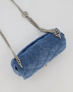 *HOT* Chanel 23P Mini Rectangular Flap Bag in Blue Quilted Denim with Camelia Print and Brushed Silver Hardware