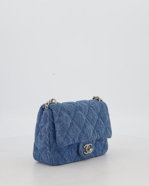 *HOT* Chanel 23P Mini Rectangular Flap Bag in Blue Quilted Denim with Camelia Print and Brushed Silver Hardware