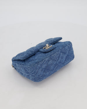 *HOT* Chanel 23P Mini Rectangular Flap Bag in Blue Quilted Denim with Camelia Print and Brushed Silver Hardware
