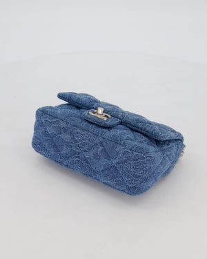 *HOT* Chanel 23P Mini Rectangular Flap Bag in Blue Quilted Denim with Camelia Print and Brushed Silver Hardware