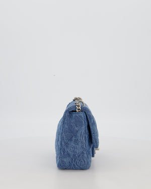 *HOT* Chanel 23P Mini Rectangular Flap Bag in Blue Quilted Denim with Camelia Print and Brushed Silver Hardware