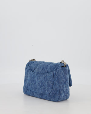 *HOT* Chanel 23P Mini Rectangular Flap Bag in Blue Quilted Denim with Camelia Print and Brushed Silver Hardware