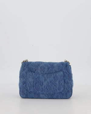*HOT* Chanel 23P Mini Rectangular Flap Bag in Blue Quilted Denim with Camelia Print and Brushed Silver Hardware