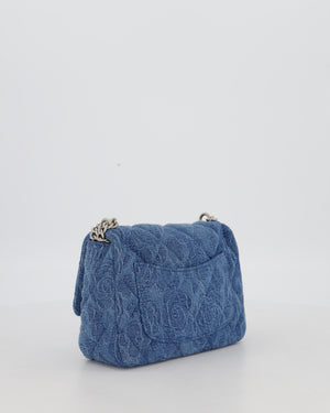 *HOT* Chanel 23P Mini Rectangular Flap Bag in Blue Quilted Denim with Camelia Print and Brushed Silver Hardware
