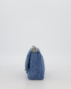 *HOT* Chanel 23P Mini Rectangular Flap Bag in Blue Quilted Denim with Camelia Print and Brushed Silver Hardware
