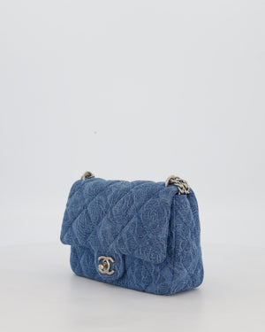 *HOT* Chanel 23P Mini Rectangular Flap Bag in Blue Quilted Denim with Camelia Print and Brushed Silver Hardware
