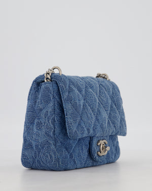 *HOT* Chanel 23P Mini Rectangular Flap Bag in Blue Quilted Denim with Camelia Print and Brushed Silver Hardware