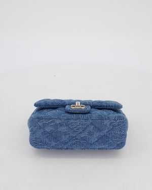 *HOT* Chanel 23P Mini Rectangular Flap Bag in Blue Quilted Denim with Camelia Print and Brushed Silver Hardware