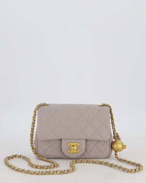 *HOT* Chanel Light Grey Pearl Crush Mini Flap Bag In Lambskin Leather With Gold Hardware
