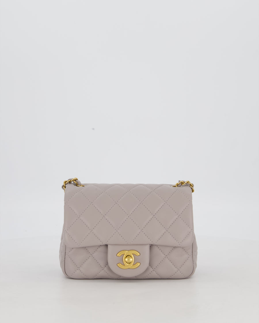 *HOT* Chanel Light Grey Pearl Crush Mini Flap Bag In Lambskin Leather With Gold Hardware