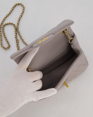 *HOT* Chanel Light Grey Pearl Crush Mini Flap Bag In Lambskin Leather With Gold Hardware