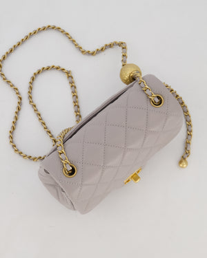 *HOT* Chanel Light Grey Pearl Crush Mini Flap Bag In Lambskin Leather With Gold Hardware