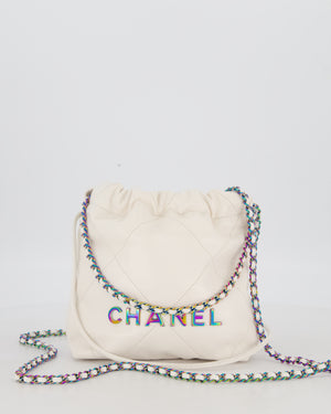 Chanel Mini 22 Bag in White Shiny Aged Calfskin Leather with Rainbow Hardware