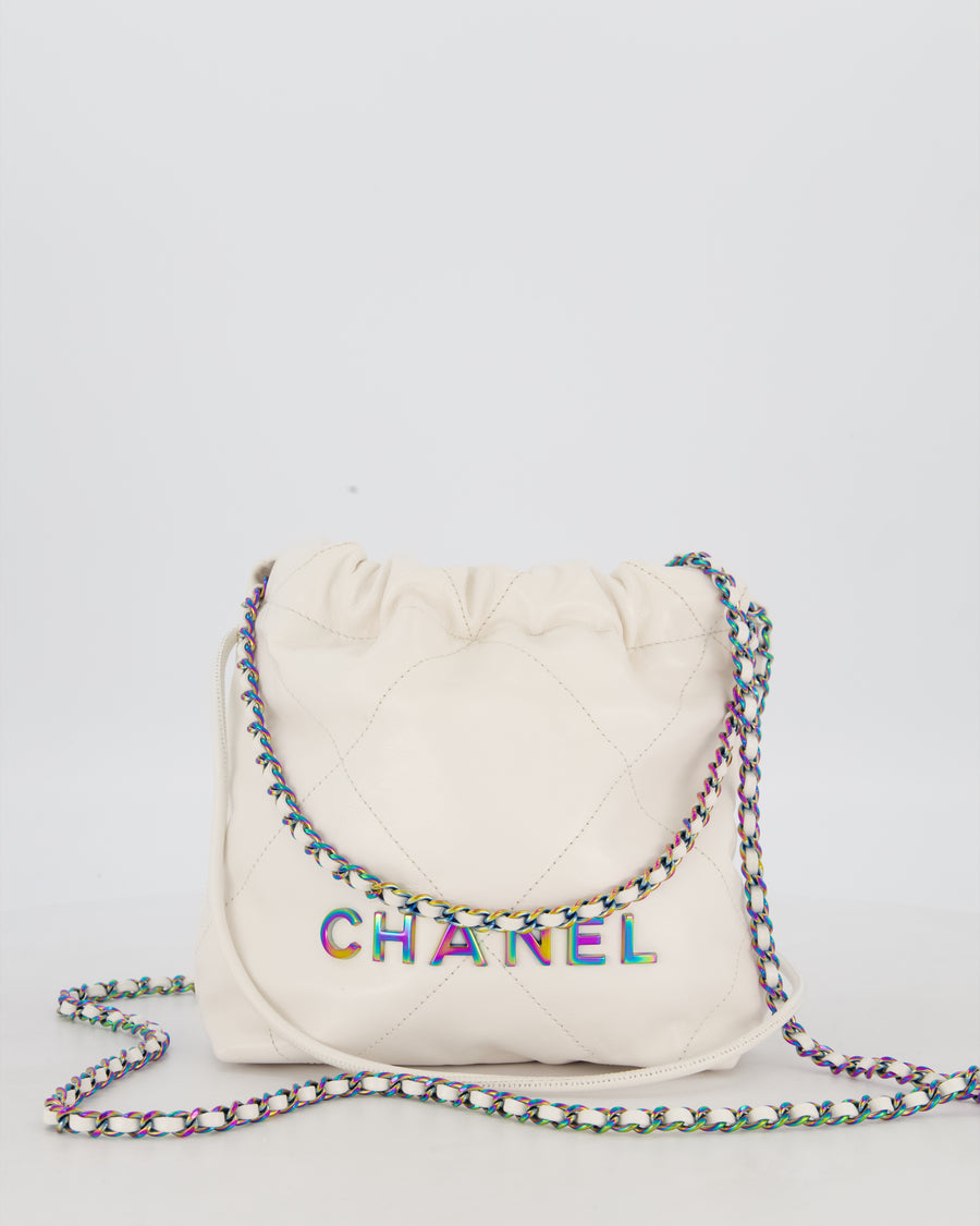 Chanel Mini 22 Bag in White Shiny Aged Calfskin Leather with Rainbow Hardware
