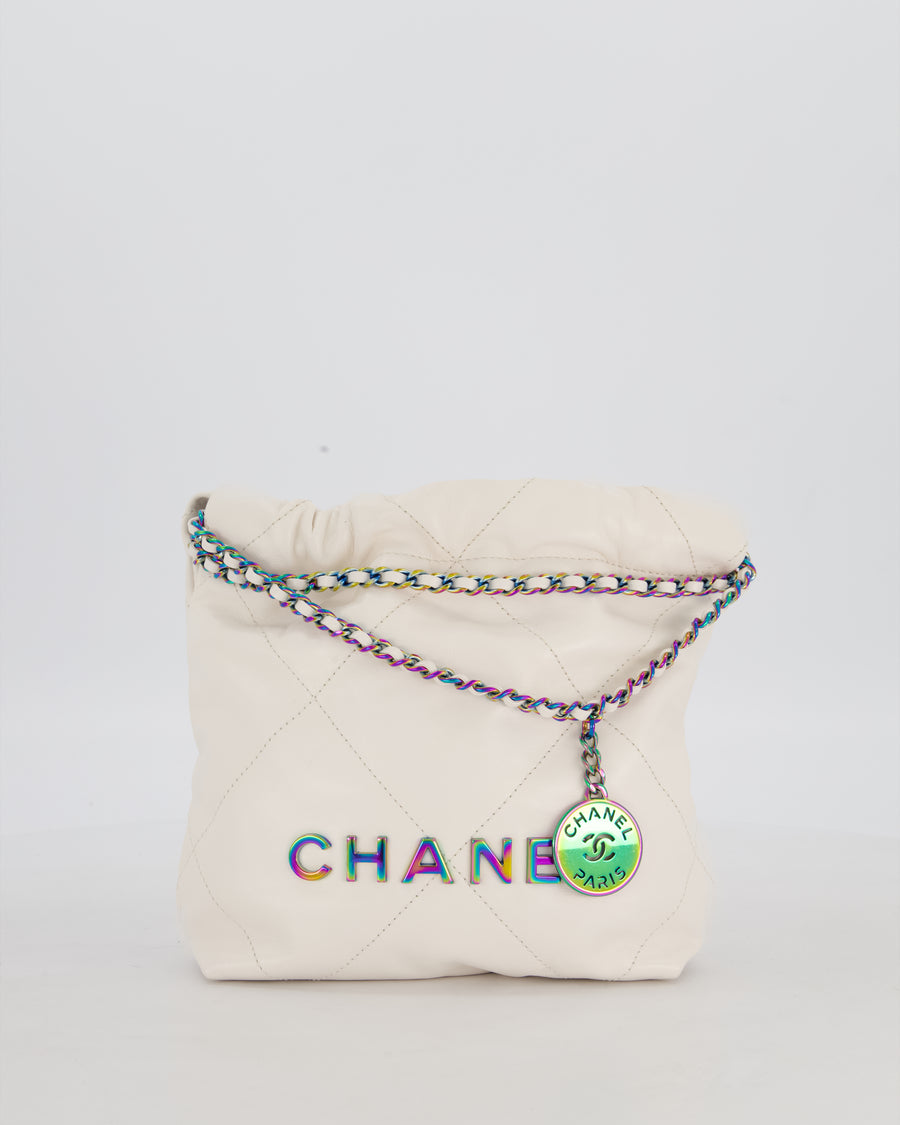 Chanel Mini 22 Bag in White Shiny Aged Calfskin Leather with Rainbow Hardware