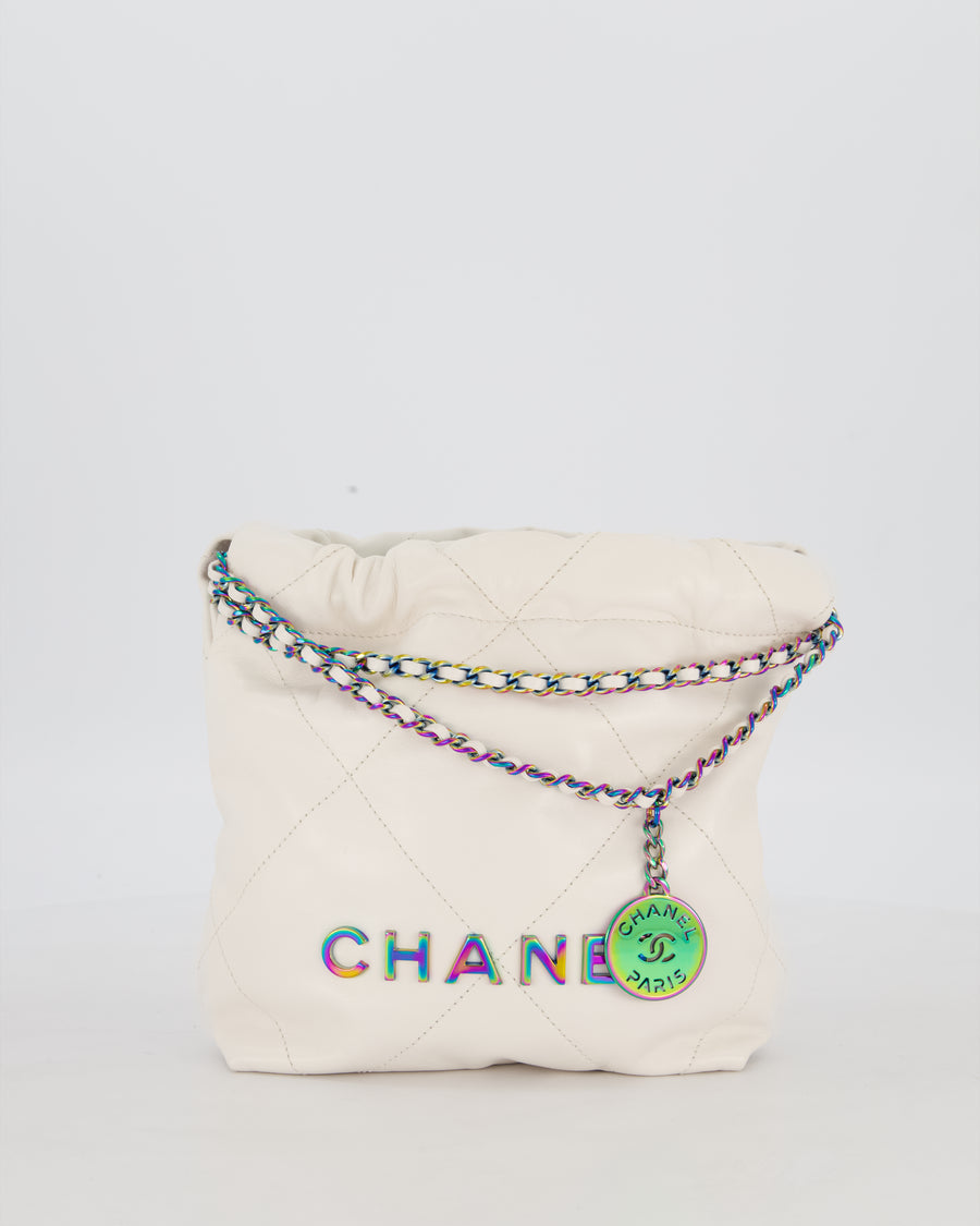 Chanel Mini 22 Bag in White Shiny Aged Calfskin Leather with Rainbow Hardware