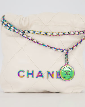 Chanel Mini 22 Bag in White Shiny Aged Calfskin Leather with Rainbow Hardware