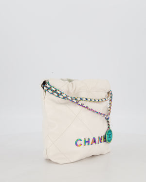 Chanel Mini 22 Bag in White Shiny Aged Calfskin Leather with Rainbow Hardware