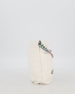 Chanel Mini 22 Bag in White Shiny Aged Calfskin Leather with Rainbow Hardware
