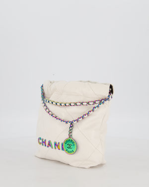 Chanel Mini 22 Bag in White Shiny Aged Calfskin Leather with Rainbow Hardware