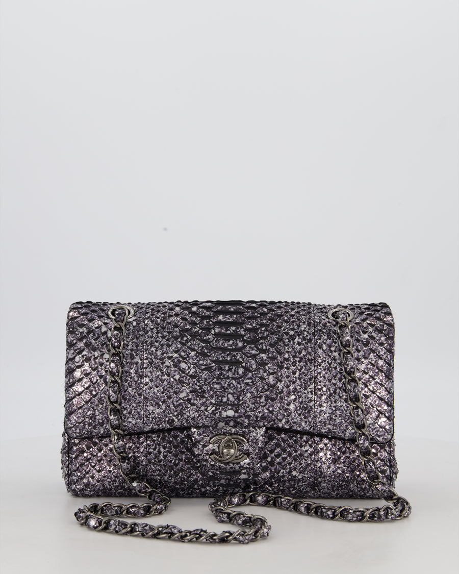 *RARE* Chanel Medium Double Flap Bag in Metallic Silver Python Leather with Gunmetal Hardware