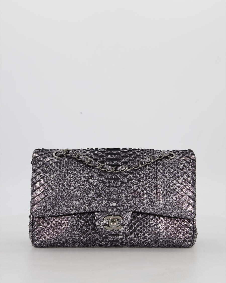 *RARE* Chanel Medium Double Flap Bag in Metallic Silver Python Leather with Gunmetal Hardware
