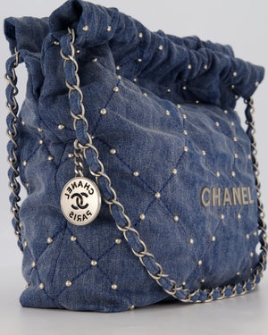 Chanel Small 22 Bag in Quilted Denim Fabric with Silver Studs and Brushed Silver Hardware