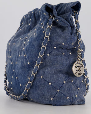 Chanel Small 22 Bag in Quilted Denim Fabric with Silver Studs and Brushed Silver Hardware