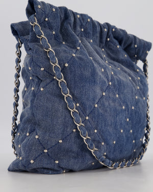 Chanel Small 22 Bag in Quilted Denim Fabric with Silver Studs and Brushed Silver Hardware