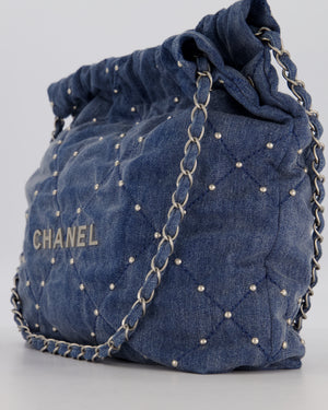Chanel Small 22 Bag in Quilted Denim Fabric with Silver Studs and Brushed Silver Hardware